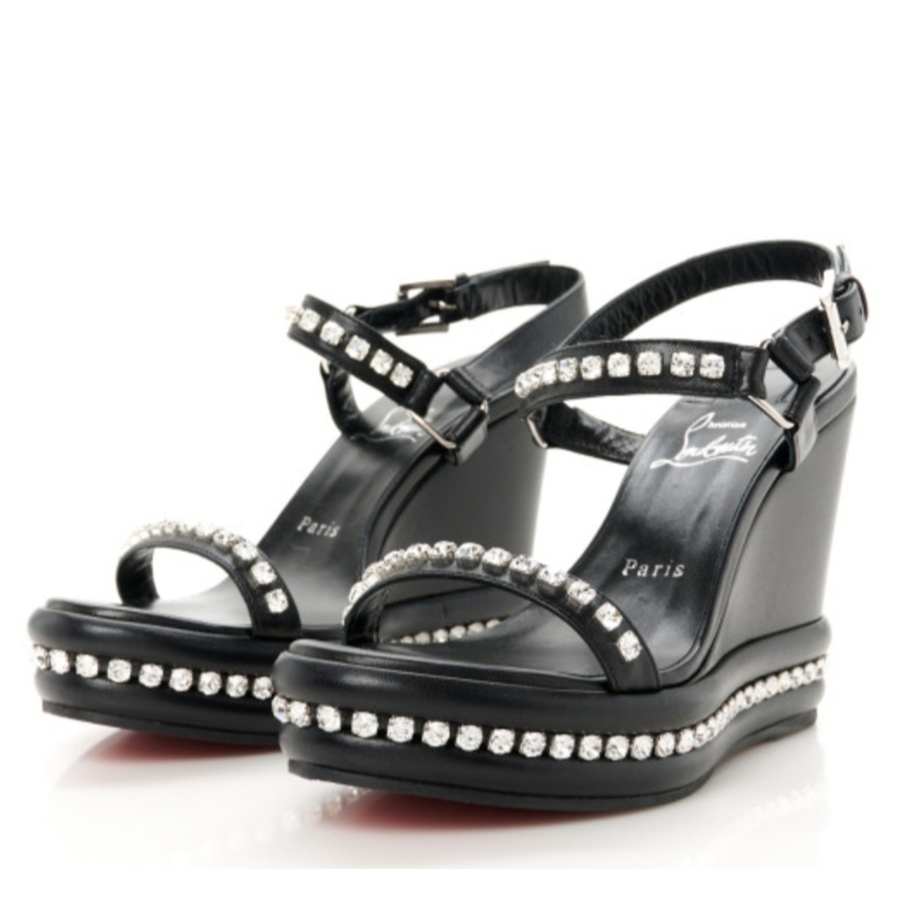 Chic Black Wedge Sandals with Sparkling Accents- CHRISTIAN LOUBOUTIN